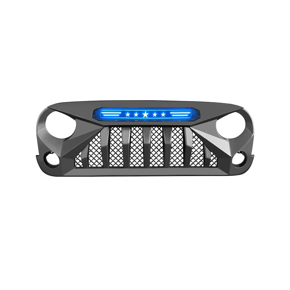 Calandre  American Gladiator pour Jeep Wrangler JK 2007-2018 – Noir Mat ABS avec LED Diurnes Bleues 5 Étoiles
