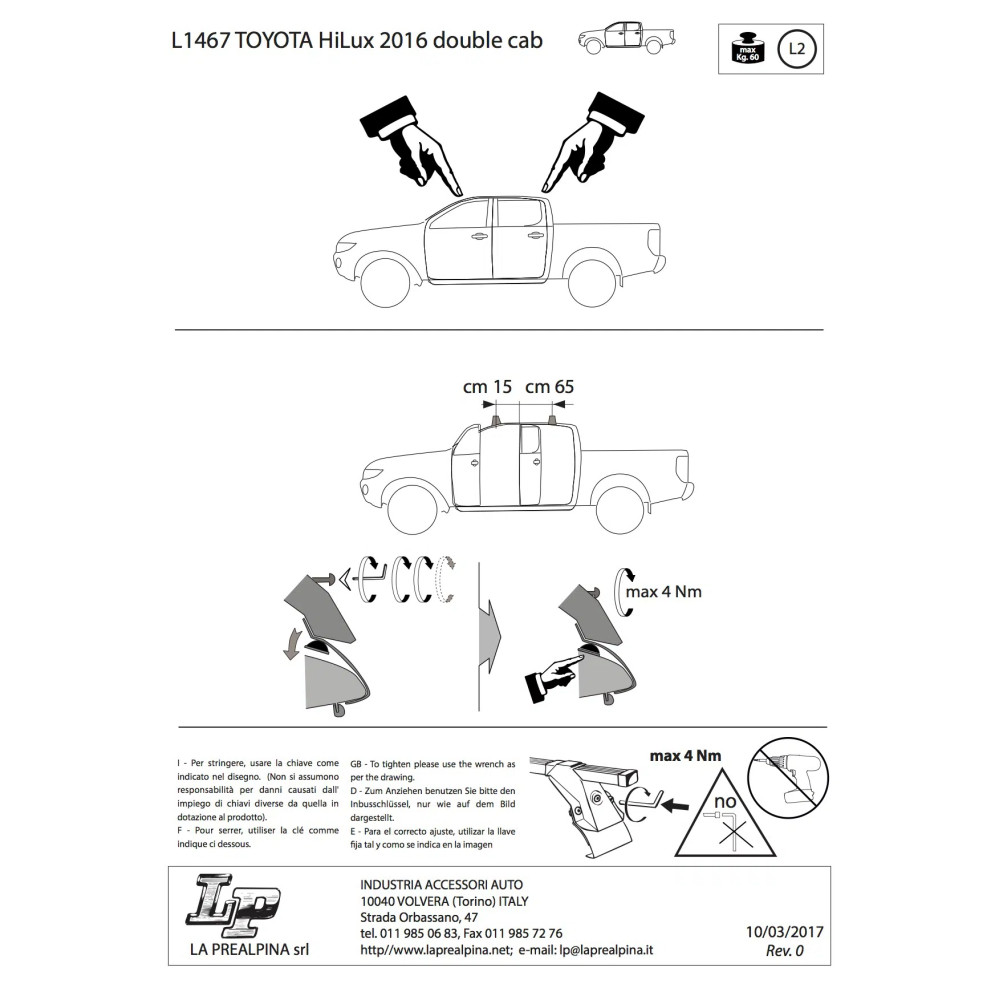 Jeu de 2 barres de toit Aero en aluminium pour Toyota Hilux 4 portes 2016+